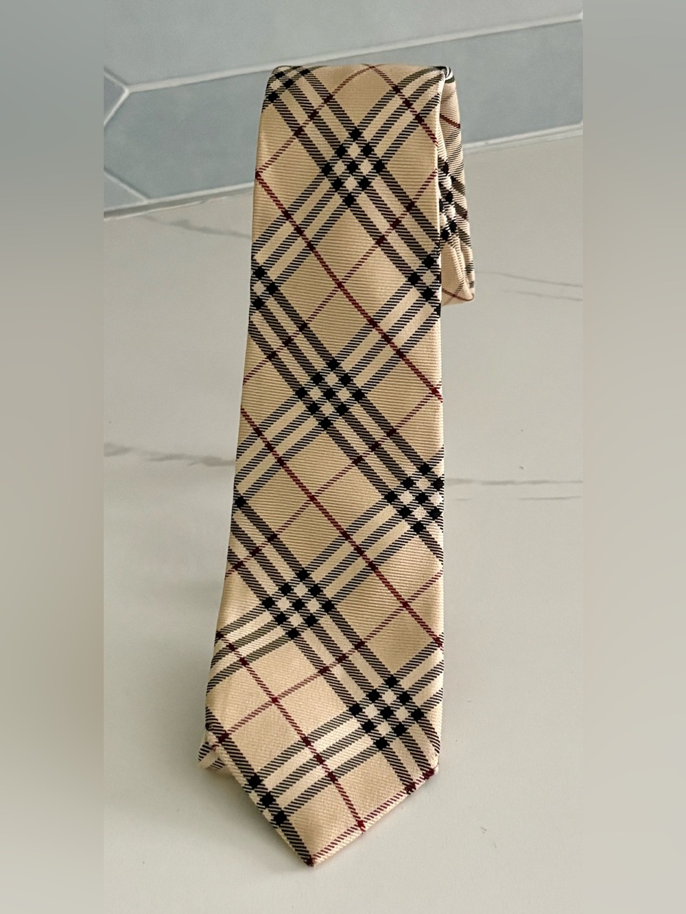 Authentic Burberry Men's Silk Necktie Classic Nova Check Beige Plaid